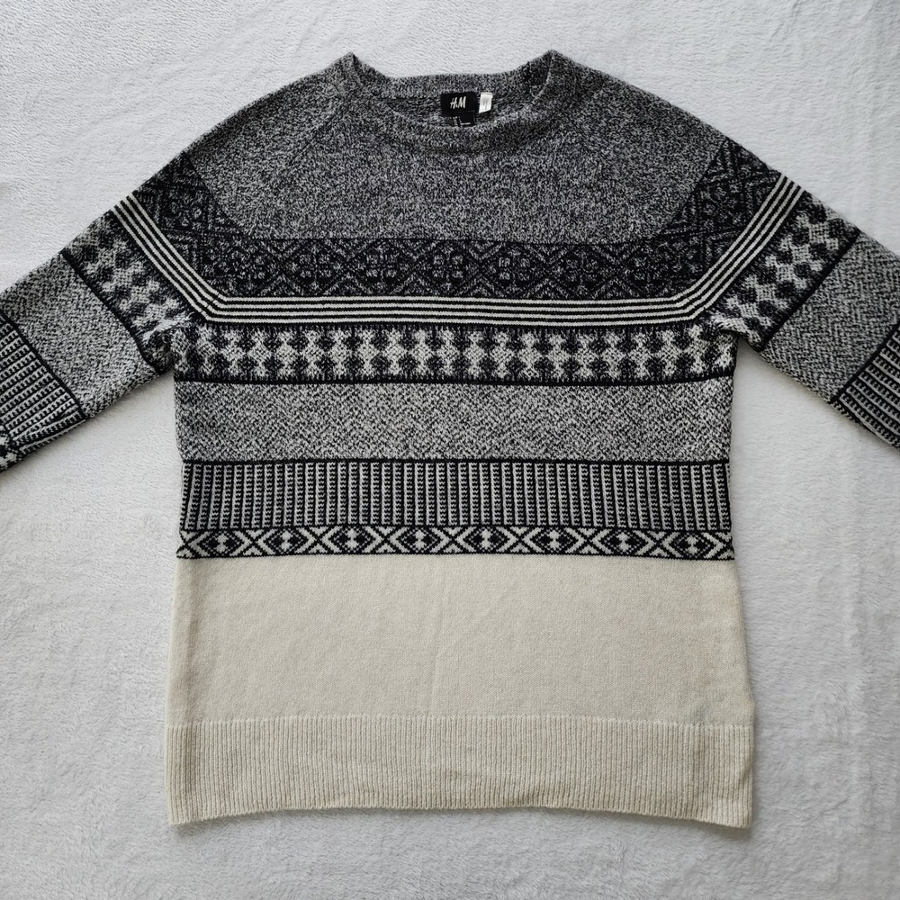 H&M Fair Isle Crewneck Sweater Mens Large Cream Black Wool Blend‎ Knit Geometric